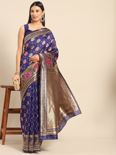 Saree Mall Navy Silk Woven Saree With Unstitched Blouse Price in India