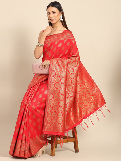 Saree Mall Red Silk Woven Saree With Unstitched Blouse Price in India