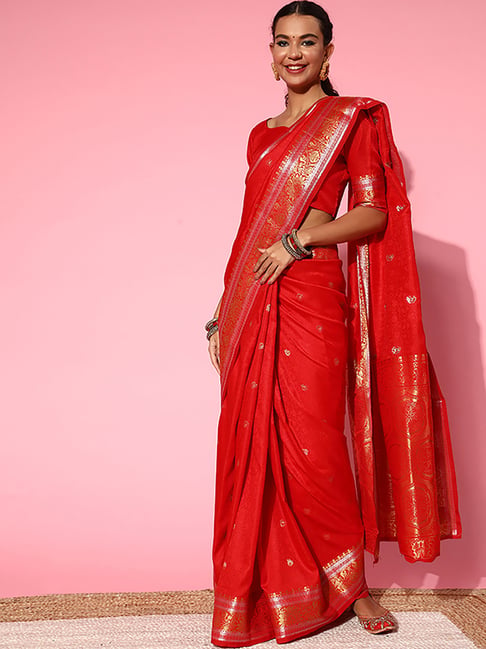 Saree Mall Red Silk Woven Saree With Unstitched Blouse Price in India