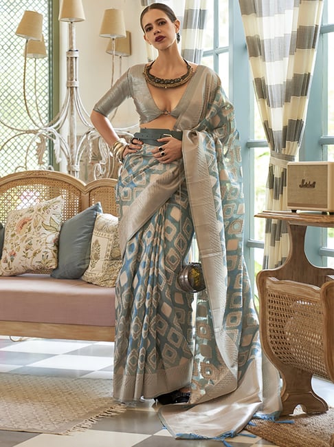 Saree Mall Blue Woven Saree With Unstitched Blouse Price in India