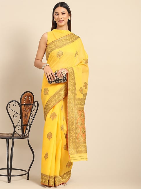 Saree Mall Yellow Silk Woven Saree With Unstitched Blouse Price in India