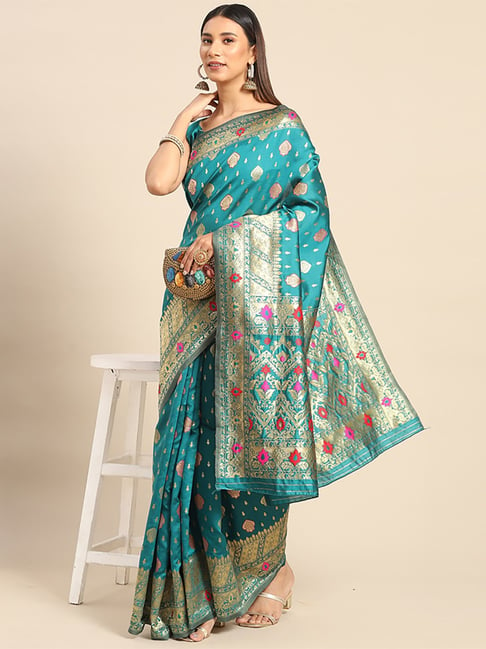 Saree Mall Green Silk Woven Saree With Unstitched Blouse Price in India