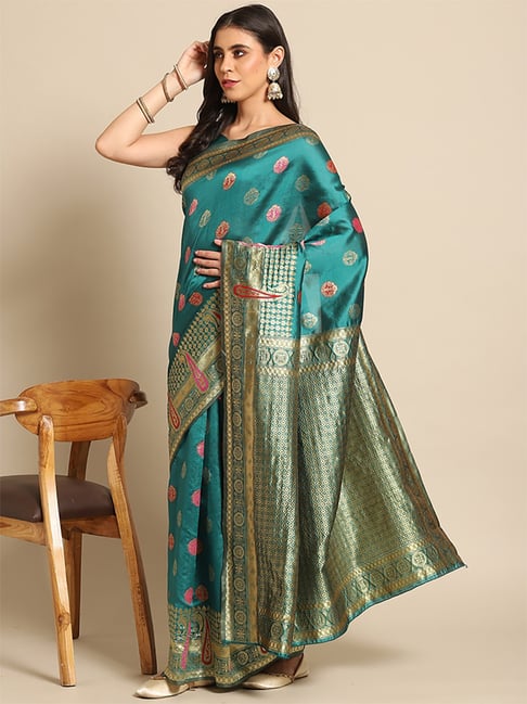 Saree Mall Blue Silk Woven Saree With Unstitched Blouse Price in India