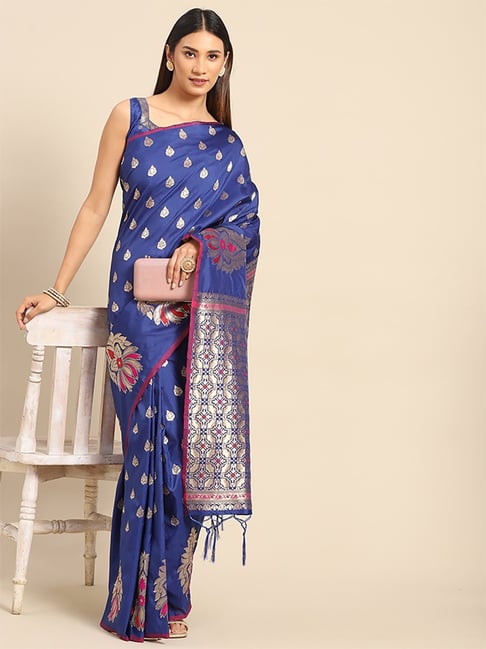 Saree Mall Navy Silk Woven Saree With Unstitched Blouse Price in India