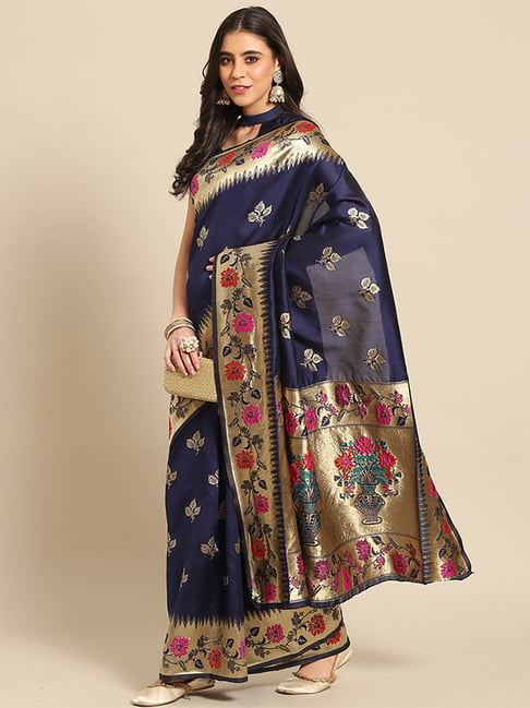 Saree Mall Navy Silk Woven Saree With Unstitched Blouse Price in India