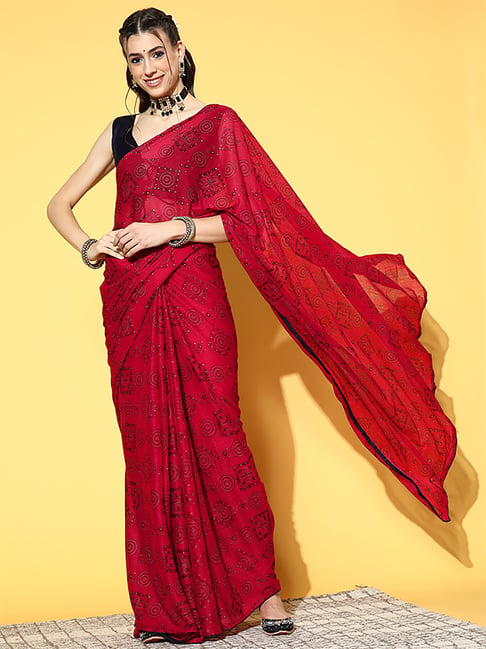 Red Saree With Black Blouse | Designer Black Saree Blouses | Silk Sarees –  Lady India