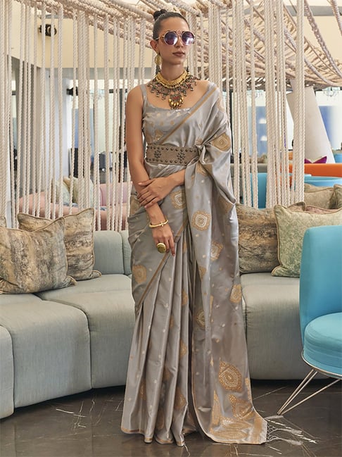 Saree Mall Grey Silk Woven Saree With Unstitched Blouse Price in India