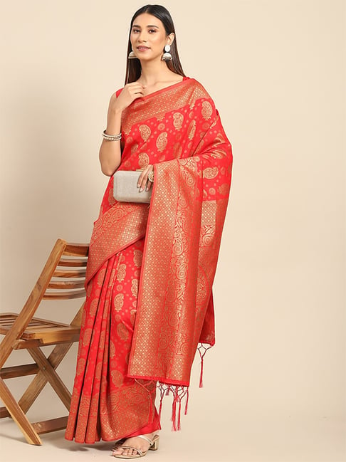 Saree Mall Red Silk Woven Saree With Unstitched Blouse Price in India