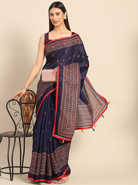 Saree Mall Navy Jute Silk Woven Saree With Unstitched Blouse Price in India