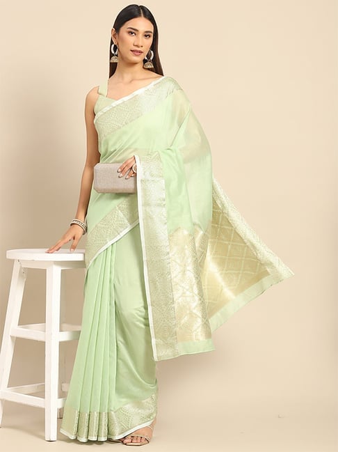 Saree Mall Green Woven Saree With Unstitched Blouse Price in India