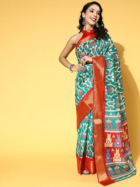 Saree Mall Green & Red Cotton Saree With Unstitched Blouse Price in India