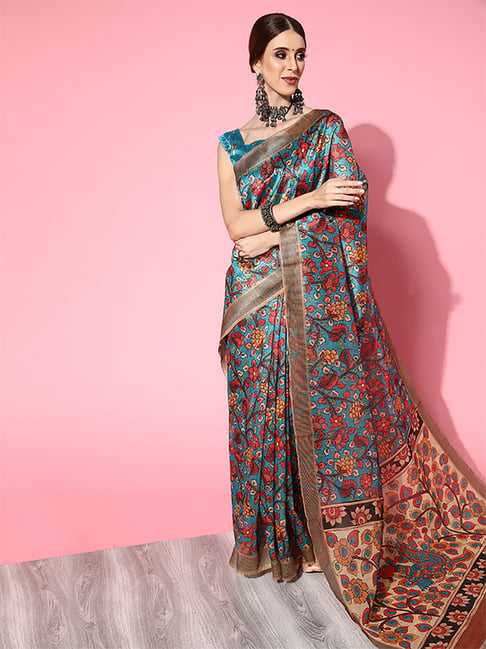 Saree Mall Blue Khadi Silk Saree With Unstitched Blouse Price in India