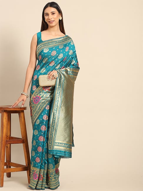 Saree Mall Blue Silk Woven Saree With Unstitched Blouse Price in India