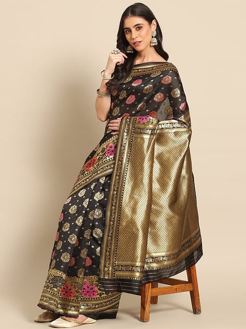 Saree Mall Black Silk Woven Saree With Unstitched Blouse Price in India