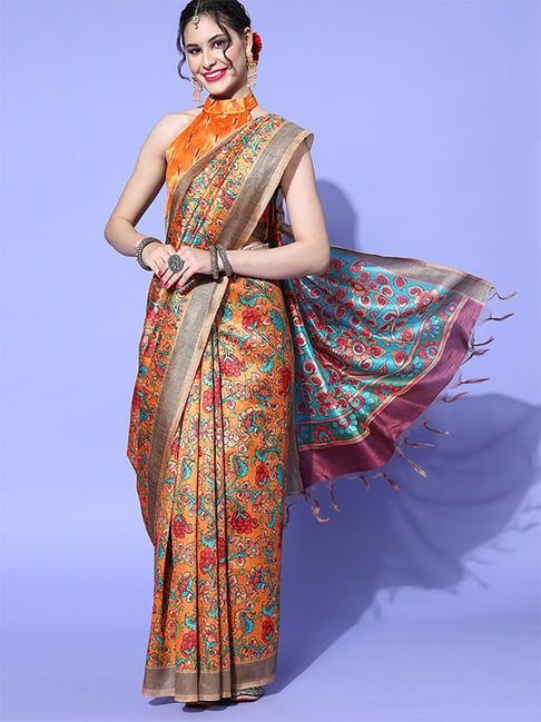 Saree Mall Mustard Khadi Silk Saree With Unstitched Blouse Price in India