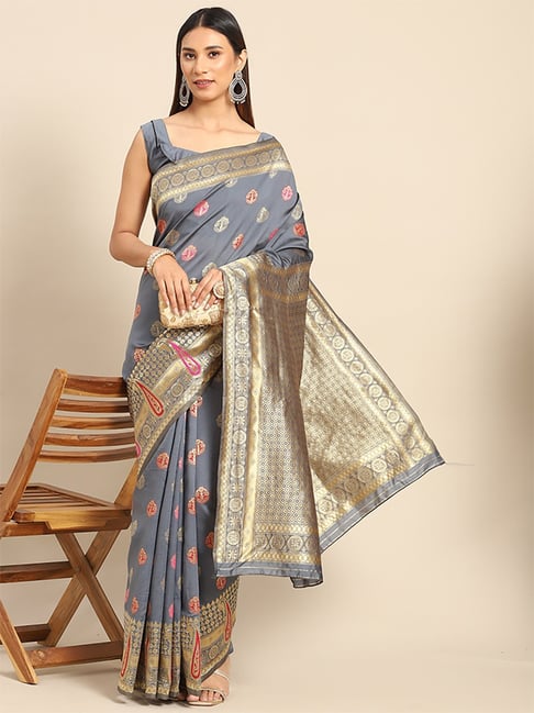 Saree Mall Grey Silk Woven Saree With Unstitched Blouse Price in India