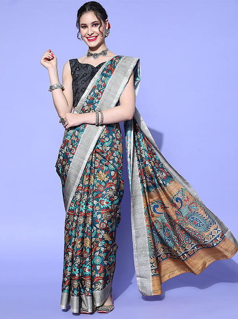 Saree Mall Blue Manipuri Silk Saree With Unstitched Blouse Price in India