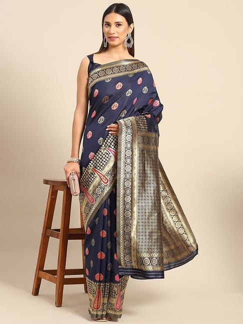 Saree Mall Navy Silk Woven Saree With Unstitched Blouse Price in India