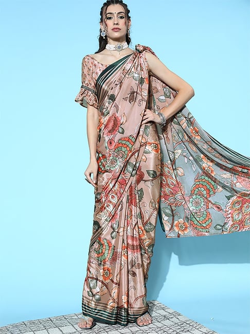 Saree Mall Peach Saree With Unstitched Blouse Price in India