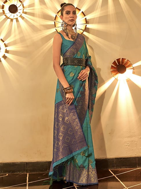 Saree Mall Blue Silk Woven Saree With Unstitched Blouse Price in India