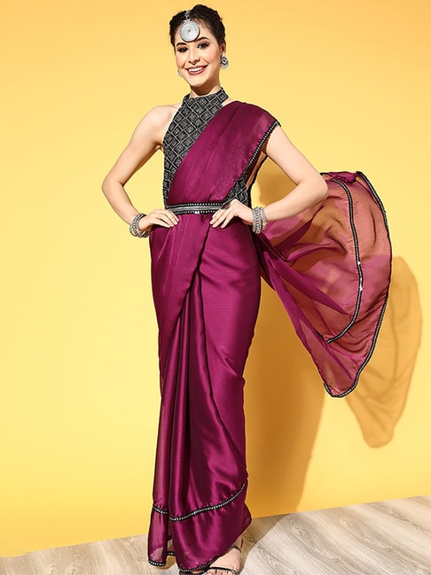 Saree Mall Purple Embellished Saree With Unstitched Blouse Price in India