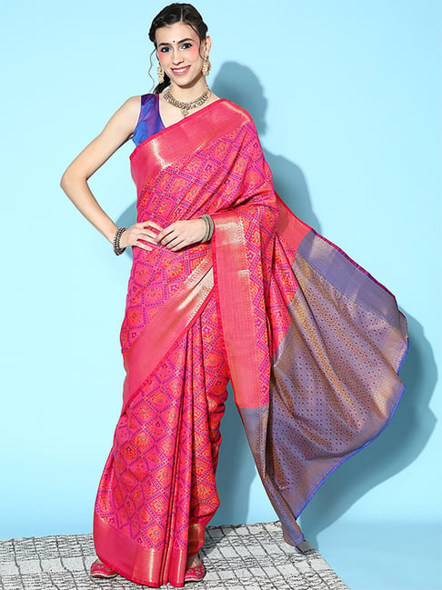 Saree Mall Pink Silk Woven Saree With Unstitched Blouse Price in India