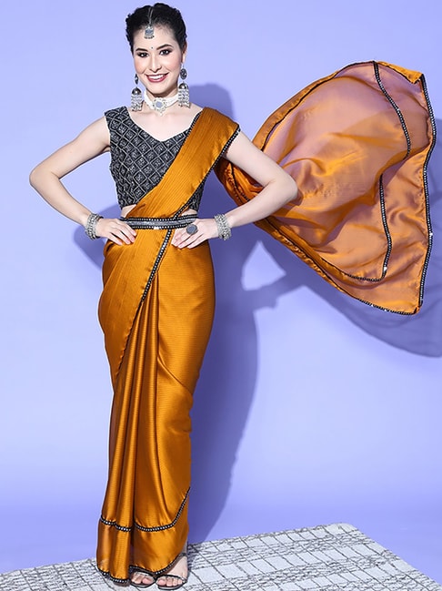 Saree Mall Mustard Embellished Saree With Unstitched Blouse Price in India