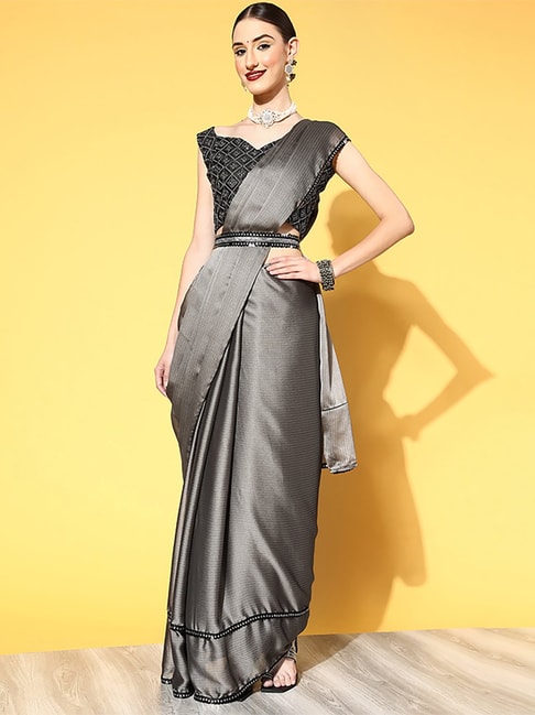 Saree Mall Grey Embellished Saree With Unstitched Blouse Price in India