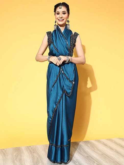 Saree Mall Blue Embellished Saree With Unstitched Blouse Price in India