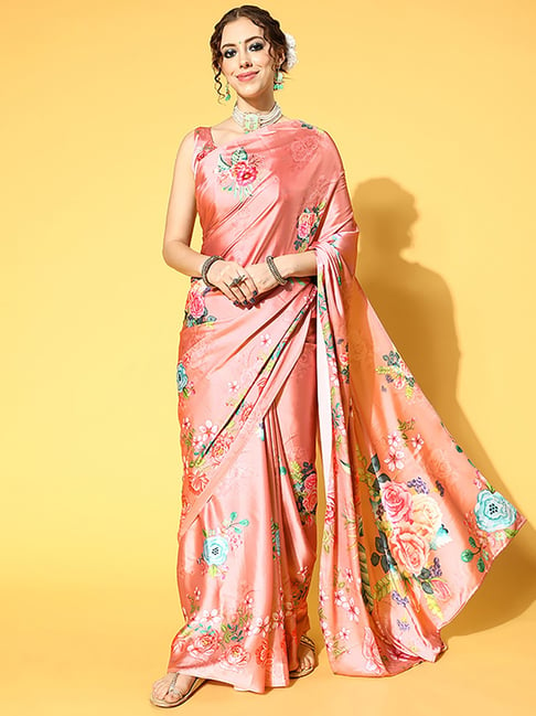 Saree Mall Peach Saree With Unstitched Blouse Price in India