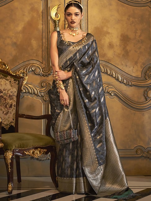 Saree Mall Grey Silk Woven Saree With Unstitched Blouse Price in India
