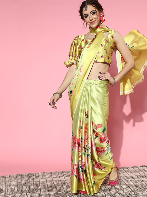 Saree Mall Yellow Saree With Unstitched Blouse Price in India