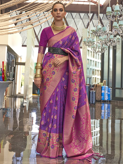 Buy Satrani Purple & Golden Silk Woven Saree With Unstitched Blouse for  Women Online @ Tata CLiQ