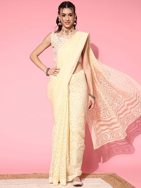 Saree Mall Cream Woven Saree With Unstitched Blouse Price in India