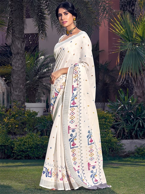 Saree Mall Off-White Linen Woven Saree With Unstitched Blouse Price in India