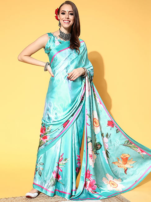 Saree Mall Blue Saree With Unstitched Blouse Price in India