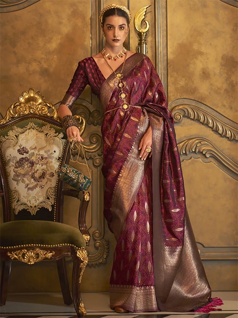 Saree Mall Brown Silk Woven Saree With Unstitched Blouse Price in India