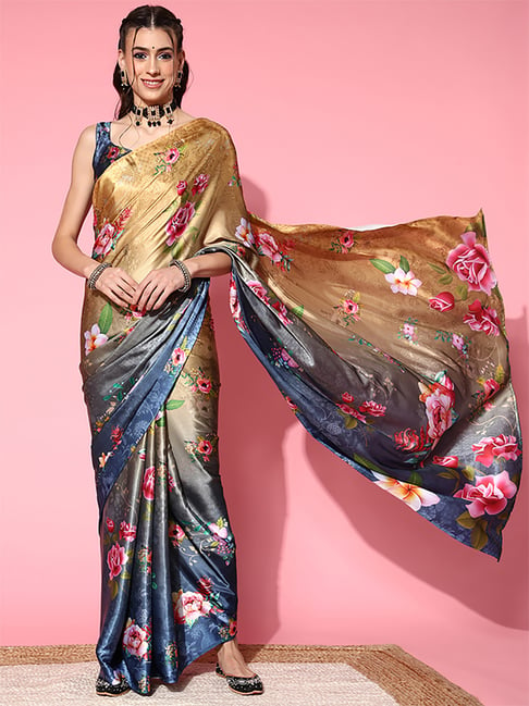 Saree Mall Beige & Navy Saree With Unstitched Blouse Price in India