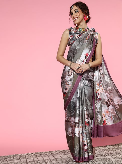 Saree Mall Grey Saree With Unstitched Blouse Price in India