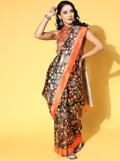 Saree Mall Black & Orange Khadi Silk Saree With Unstitched Blouse Price in India