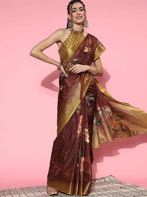 Saree Mall Brown Saree With Unstitched Blouse Price in India