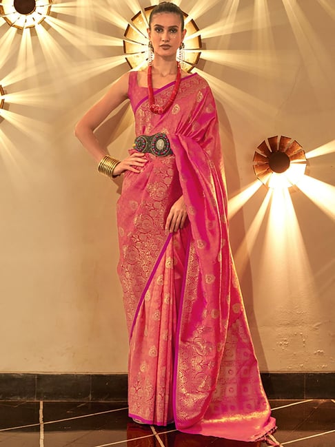 Saree Mall Pink Silk Woven Saree With Unstitched Blouse Price in India