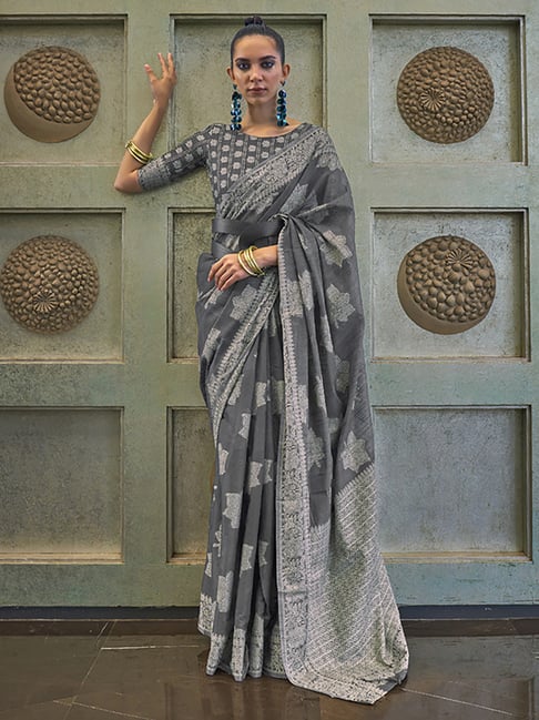 Saree Mall Grey Cotton Embroidered Saree With Unstitched Blouse Price in India