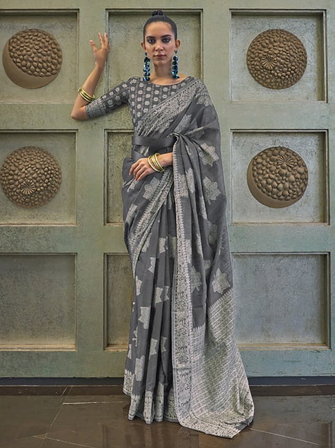 Saree Mall Grey Cotton Embroidered Saree With Unstitched Blouse Price in India