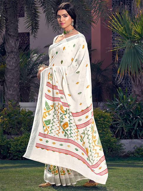 Saree Mall Off-White Linen Woven Saree With Unstitched Blouse Price in India