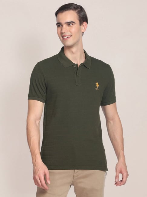 U S Polo Assn U.S. Polo Assn. Green Cotton Slim Fit Self Pattern Polo T-Shirt