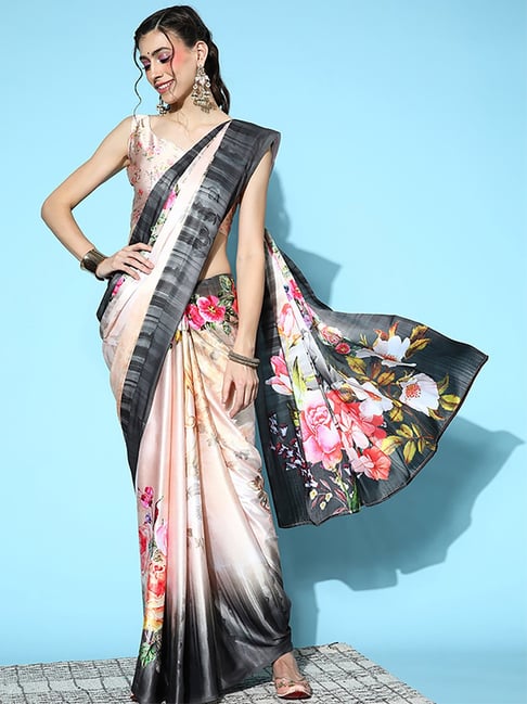 Saree Mall Cream & Grey Saree With Unstitched Blouse Price in India