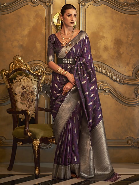 Saree Mall Purple Silk Woven Saree With Unstitched Blouse Price in India