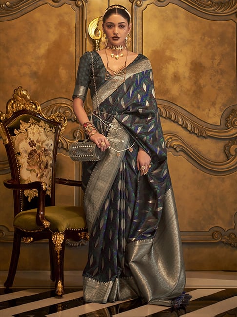 Saree Mall Blue Silk Woven Saree With Unstitched Blouse Price in India