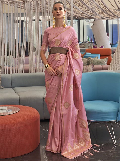 Saree Mall Pink Silk Woven Saree With Unstitched Blouse Price in India